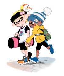 Rule 34 | 2boys, adjusting clothes, adjusting headwear, bag, beanie, blonde hair, blue hair, blue tongue, blush, brown eyes, colored tongue, couple, dark-skinned male, dark skin, duffel bag, full body, grey eyes, hakinikui kutsu no mise, hat, headband, holding hands, hood, hoodie, inkling, inkling boy, inkling player character, jersey, looking at another, male focus, mask, multiple boys, nintendo, pom pom (clothes), shoes, simple background, sneakers, sweatband, walking, yaoi