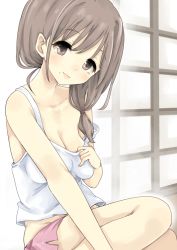 Rule 34 | 1girl, bad id, bad pixiv id, bare shoulders, blush, breasts, brown eyes, brown hair, camisole, cleavage, collarbone, from side, grey eyes, grey hair, hair over shoulder, hand on breast, head tilt, large breasts, light smile, lips, long hair, looking at viewer, low-tied long hair, lowleg, lowleg shorts, mole, mole under mouth, morina nao, original, pinky out, pulling at clothes, scrunchie, short shorts, shorts, shouji, side slit, sitting, sliding doors, smile, solo, strap slip, yokozuwari