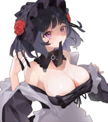 Rule 34 | 1girl, absurdres, apron, bare shoulders, black dress, black hair, black ribbon, breasts, cleavage, collar, collarbone, detached sleeves, dress, flower, frilled collar, frilled dress, frills, gothic lolita, hair flower, hair ornament, hat, highres, impossible clothes, kuroe shizuku, large breasts, lolita fashion, long sleeves, looking at viewer, mouth hold, necktie, necktie in mouth, purple eyes, ribbon, rose, shadow, simple background, sono bisque doll wa koi wo suru, sweat, white background, zhudouzi