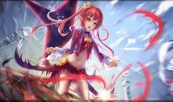 Rule 34 | 00s, 1girl, barefoot, dungeon and fighter, highres, long hair, mage (dungeon and fighter), md5 mismatch, midriff, navel, pointy ears, red eyes, red hair, resolution mismatch, solo, source smaller, twintails, wangchuan de quanyan