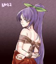 Rule 34 | 1girl, 367gou, arms behind back, bad id, bad pixiv id, bdsm, bondage, bound, bound arms, bound wrists, bow, box tie, closed mouth, eyes visible through hair, from behind, green bow, hair bow, hair over one eye, highres, long hair, looking at viewer, looking back, nail polish, parted bangs, ponytail, purple eyes, purple hair, red nails, rope, rope marks, shibari, shoulder blades, solo, standing, topless, touhou, upper body, very long hair, watatsuki no yorihime