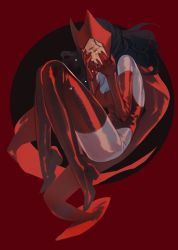Rule 34 | 1girl, black hair, bodysuit, boots, cape, circle, covering face, crying, fetal position, full body, gloves, highleg, highleg leotard, legs folded, leotard, long hair, marvel, mask, plantar flexion, realistic, red leotard, scarlet witch, shiny clothes, shishio (shishio5431), simple background, solo, tears, thigh boots, thighhighs, wanda maximoff