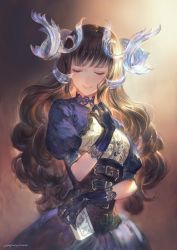 Rule 34 | 1girl, artist name, blunt bangs, bottle, brown hair, closed eyes, commentary, corset, curly hair, dress, eyelashes, fantasy, gloves, hand on own chest, holding, holding bottle, horns, lace, long hair, original, puffy short sleeves, puffy sleeves, short sleeves, signature, smile, solo, wadanaka