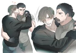 Rule 34 | 2boys, anger vein, bara, black gloves, black pants, black shirt, blush, brown hair, chris redfield, curtained hair, facial hair, gloves, grey shirt, hand on another&#039;s face, heart, hug, kiss, kissing cheek, large pectorals, leon s. kennedy, looking at another, male focus, multiple boys, muscular, muscular male, pants, pectorals, resident evil, resident evil 6, shirt, short hair, ugoxqwfqpzfmbu2, yaoi