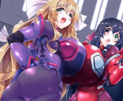 Rule 34 | 2girls, aoi kimi, asama tomo, ass, bodysuit, breast press, breasts, brown hair, code geass, commission, green eyes, hair ribbon, heterochromia, huge breasts, impossible bodysuit, impossible clothes, kyoukaisenjou no horizon, large breasts, long hair, multicolored bodysuit, multicolored clothes, multiple girls, open mouth, pilot suit, red eyes, ribbon, shirogane (cufsser), skeb commission, skin tight, standing, surprised, symmetrical docking, thighhighs, very long hair