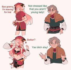 Rule 34 | antlers, bag, bare shoulders, book, breasts, bunsketches, china dress, chinese clothes, cleavage, crop top, dress, genshin impact, highres, horns, long hair, madame ping (genshin impact), meme, old, old woman, pink hair, red headwear, small breasts, yanfei (genshin impact), yas bitch slay (meme)