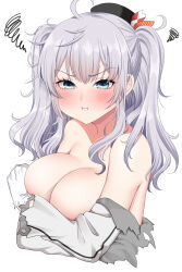 Rule 34 | 1girl, :t, beret, blue eyes, blush, breasts, disheveled, frilled sleeves, frills, gloves, grey hair, hat, highres, jacket, kantai collection, kashima (kancolle), large breasts, long hair, long sleeves, looking at viewer, military, military jacket, military uniform, solo, torn clothes, twintails, uniform, upper body, wavy hair, white gloves, yomogi dango