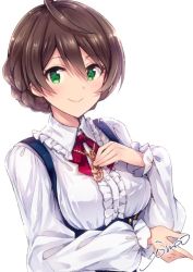 Rule 34 | 10s, 1girl, ahoge, blue dress, blush, braid, breasts, brown hair, buttons, center frills, commentary request, dress, dress shirt, frilled shirt collar, frilled sleeves, frills, gold trim, green eyes, hair between eyes, hand on own chest, idolmaster, idolmaster million live!, ima (lm ew), jewelry, looking at viewer, medium breasts, musical note necklace, neck ribbon, necklace, puffy sleeves, red ribbon, ribbon, sakuramori kaori, shirt, side braid, signature, simple background, smile, solo, suspenders, swept bangs, underbust, upper body, white background