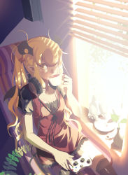 Rule 34 | 1girl, blonde hair, controller, cup, dress, drinking, game console, game controller, headphones, highres, long hair, original, solo, teacup, thighhighs, vofan, xbox 360, yellow eyes, zettai ryouiki