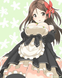 Rule 34 | 1girl, amagi (kancolle), apron, bare shoulders, black legwear, blush, breasts, brown eyes, brown hair, cleavage, cosplay, curvy, detached sleeves, dream c club, dream c club (cosplay), dream c club (series), female focus, flower, hair ornament, kantai collection, large breasts, long hair, looking at viewer, mizuki makoto, mole, mole under eye, simple background, smile, solo, thick thighs, thighs, wide hips