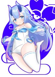 Rule 34 | 1girl, azur lane, blue eyes, blue hair, blue horns, blue ribbon, blunt bangs, choker, clenched hand, fang, flat chest, full body, highres, horns, i-13 (azur lane), long hair, looking at viewer, multicolored hair, one-piece swimsuit, purple hair, ribbon, ribbon-trimmed legwear, ribbon trim, see-through, simple background, single thighhigh, skin fang, smile, streaked hair, swimsuit, tacyon3, thick eyebrows, thighhighs, two-tone hair, white one-piece swimsuit, white thighhighs