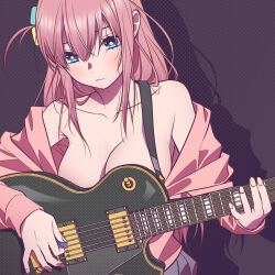 Rule 34 | 1girl, accidental exposure, andrian januar adilia, black skirt, blue eyes, bocchi the rock!, breasts, cleavage, closed mouth, collarbone, cube hair ornament, electric guitar, gibson les paul, gotoh hitori, guitar, hair between eyes, hair ornament, highres, holding, holding instrument, holding plectrum, indonesian commentary, instrument, jacket, large breasts, long hair, looking at viewer, pink hair, pink jacket, pleated skirt, plectrum, sidelocks, skirt, solo, upper body