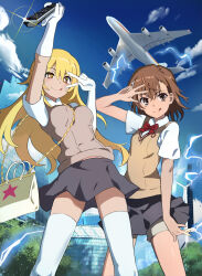 Rule 34 | + +, 2girls, aircraft, airplane, bag, blonde hair, blue sky, bow, bowtie, brown eyes, brown hair, brown vest, building, cloud, controller, day, elbow gloves, electricity, electrokinesis, feet out of frame, glint, gloves, grey skirt, handbag, highres, long hair, looking at viewer, misaka mikoto, multiple girls, okken, outdoors, red bow, red bowtie, remote control, shokuhou misaki, short hair, shorts, shorts under skirt, skirt, sky, standing, thighhighs, toaru kagaku no railgun, toaru majutsu no index, tongue, tongue out, v over eye, vest, white gloves, white thighhighs