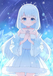 Rule 34 | 1girl, bare shoulders, bead necklace, beads, blue dress, blue eyes, blue sleeves, blush, closed mouth, collarbone, commission, contrail, cowboy shot, detached sleeves, dress, fur-trimmed dress, fur trim, highres, holding, jewelry, legs together, long hair, looking at viewer, necklace, night, night sky, original, outdoors, own hands together, raised eyebrows, sidelocks, skeb commission, sky, smile, snowflakes, solo, star (sky), starry sky, straight-on, straight hair, strapless, strapless dress, thigh gap, tiara, tyakomes, variant set, white hair