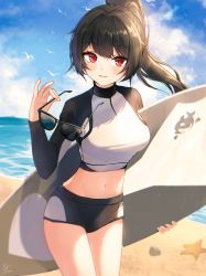 Rule 34 | 1girl, beach, black hair, black shorts, blue sky, blush, breasts, commentary, cowboy shot, crop top, day, unworn eyewear, glint, highres, holding, holding removed eyewear, large breasts, long hair, long sleeves, midriff, nankam, navel, ocean, original, outdoors, parted lips, ponytail, red eyes, shorts, sky, smile, solo, sunglasses, surfboard, symbol-only commentary, thighs, water