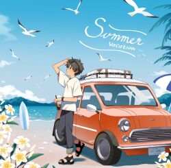 Rule 34 | 1boy, arisa (aren), arm up, artist name, beach, bird, black footwear, blue eyes, blue sky, brown hair, car, closed mouth, day, drink, drinking straw, eyewear on head, flower, grey pants, highres, sports sandals, holding, holding drink, looking up, mini cooper, motor vehicle, mountain, ocean, original, outdoors, pants, plant, profile, sandals, seagull, shirt, short hair, short sleeves, signature, simple bird, sky, smile, solo, standing, summer, sunglasses, sunlight, surfboard, t-shirt, watch, wheel, white flower, white shirt, wide shot, wristwatch, yellow flower
