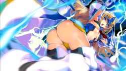 Rule 34 | 1girl, arc system works, arm behind head, arm up, armpits, artist request, ass, blazblue, blonde hair, blue eyes, breasts, duplicate, highres, huge ass, legs, long hair, looking at viewer, looking back, maebari, mu-12, open mouth, small breasts, source request, thighs, underboob