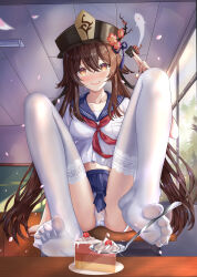 Rule 34 | 1girl, absurdres, between toes, black hat, black nails, blue sailor collar, blue serafuku, blue skirt, blush, boo tao (genshin impact), brown eyes, brown hair, chalkboard, classroom, condom, desk, feet, flower, food, foot focus, full body, garter straps, genshin impact, ghost, hair between eyes, hat, hat flower, heiyulingkong, highres, holding, holding condom, holding spoon, hu tao (genshin impact), indoors, lace, lace-trimmed panties, lace-trimmed thighhighs, lace panties, lace trim, long hair, looking at viewer, navel, neckerchief, necktie, no shoes, on desk, open mouth, panties, pie, pleated skirt, porkpie hat, red flower, red neckerchief, red necktie, sailor collar, school uniform, see-through, serafuku, shirt, short sleeves, sitting, skirt, smile, soles, solo, spoon, symbol-shaped pupils, thighhighs, thighs, toe seam, toes, toes up, twintails, underwear, very long hair, white panties, white shirt, white thighhighs, window