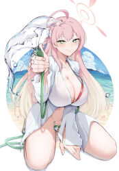 Rule 34 | 1girl, ahoge, beach, bikini, bikini top only, bird wings, blonde hair, blue archive, blush, bottomless, bow, braid, breasts, buttons, cleavage, closed mouth, collared shirt, convenient censoring, enryuu (rmxs3488), flip-flops, gradient hair, green eyes, green footwear, groin, hair bow, halo, hanako (blue archive), hanako (swimsuit) (blue archive), highres, holding, holding hose, hose, huge breasts, long hair, long sleeves, looking at viewer, multicolored hair, naughty face, navel, ocean, official alternate costume, outdoors, outside border, pink hair, pink halo, red bikini, round image, sandals, seiza, shirt, signature, single braid, sitting, solo, string bikini, swimsuit, twitter username, water drop, wet, white bow, white shirt, wings
