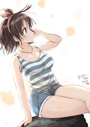 Rule 34 | bare legs, black hair, bow, breasts, dated, denim, denim shorts, green eyes, hand on own ear, hand on own ear, harada miyo, highres, idolmaster, idolmaster cinderella girls, jewelry, listening, looking to the side, medium breasts, necklace, shikamax2, short hair, short shorts, shorts, sitting, striped tank top, tank top, tareme, thighs, white background
