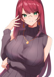 Rule 34 | 1girl, absurdres, blush, breasts, clothing cutout, earrings, glasses, green eyes, haneramu, highres, jewelry, large breasts, long hair, long sleeves, looking at viewer, necklace, original, red hair, round eyewear, shoulder cutout, smile, solo, swept bangs, white background