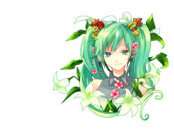Rule 34 | 1girl, aqua eyes, bad id, bad pixiv id, bare shoulders, flower, green hair, hair flower, hair ornament, hatsune miku, long hair, nr (cerumia), nr (cmnrr), simple background, smile, solo, twintails, upper body, vocaloid, white background
