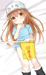Rule 34 | 10s, 1girl, :o, bed sheet, black footwear, blue shirt, blush, boots, bottomless, brown eyes, brown hair, character name, commentary request, dutch angle, flag, flat cap, groin, hair between eyes, hand up, hat, hataraku saibou, head tilt, highres, holding, holding flag, kouda suzu, long hair, looking at viewer, lying, on back, parted lips, platelet (hataraku saibou), shirt, short sleeves, sketch, solo, very long hair, white hat