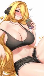 Rule 34 | 1girl, alcohol, anisdrawn, artist name, bare legs, beer, beer can, black shorts, blonde hair, blush, breasts, can, cleavage, closed mouth, creatures (company), cynthia (pokemon), drink can, drunk, game freak, green eyes, hair over one eye, highres, holding, holding can, large breasts, long hair, looking at viewer, midriff, navel, nintendo, off shoulder, pokemon, pokemon dppt, short shorts, shorts, sitting, smile, solo, stomach, tank top, thighs, unzipped, very long hair, white background