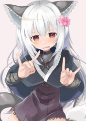 Rule 34 | 1girl, animal ears, annoyed, blush, capelet, cat ears, cat tail, character request, copyright request, dress, embarrassed, female focus, flower, fox shadow puppet, foxxre, hair flower, hair ornament, highres, long hair, looking at viewer, o-ring, pink nails, purple dress, solo, tail, white hair