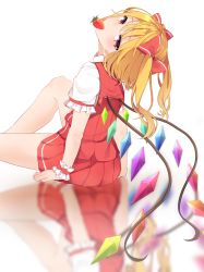Rule 34 | 1girl, alternate hairstyle, blonde hair, blush, commentary request, crystal, feet out of frame, flandre scarlet, food, food in mouth, from behind, fruit, hair between eyes, head back, highres, karasusou nano, knee up, looking at viewer, looking back, miniskirt, mouth hold, pleated skirt, puffy short sleeves, puffy sleeves, red eyes, red skirt, red vest, reflection, short hair, short sleeves, simple background, sitting, skirt, solo, strawberry, thighs, touhou, two side up, vest, white background, wings, wrist cuffs