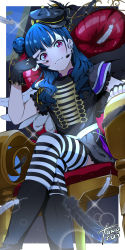 Rule 34 | 1girl, artist name, black feathers, black wings, blue hair, commentary request, feathers, fingerless gloves, gloves, hair bun, highres, long hair, love live!, love live! sunshine!!, purple eyes, short sleeves, single hair bun, sitting, solo, striped clothes, striped thighhighs, takamizawa usui, thighhighs, tsushima yoshiko, white feathers, white wings, wings