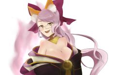 Rule 34 | 1girl, animal ears, bow, breasts, choker, cleavage, cosplay, eyewear strap, fang, fate/grand order, fate (series), fox ears, fox tail, glasses, hair bow, hair ribbon, highres, koyanskaya (fate), large breasts, long hair, looking at viewer, off shoulder, official alternate costume, open mouth, pink hair, ribbon, solo, tail, tamamo (fate), tamamo cat (fate), tamamo no mae (fate/extra), tamamo no mae (fate/extra) (cosplay), tamamo no mae (third ascension) (fate), very long hair, yellow eyes