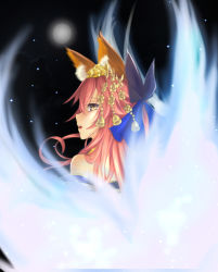 Rule 34 | 10s, animal ears, bare shoulders, fate/extra, fate/grand order, fate (series), fox ears, fox tail, full moon, hair ribbon, japanese clothes, lips, looking at viewer, looking back, moon, multiple tails, official alternate costume, open mouth, pink hair, pyuu (the last assassins), ribbon, solo, tail, tamamo no mae (fate/extra), tamamo no mae (third ascension) (fate), yellow eyes
