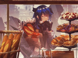 Rule 34 | 1girl, absurdres, arknights, asymmetrical gloves, bag, baguette, bakery, black gloves, blue hair, bread, closed eyes, closed mouth, commentary request, croissant, day, doughnut, duang, facing viewer, food, fur-trimmed hood, fur trim, gloves, grey jacket, grocery bag, hair between eyes, highres, hood, hood down, hooded jacket, horns, jacket, long hair, mismatched gloves, mostima (arknights), open clothes, open jacket, people, shop, shopping bag, solo focus, tiered tray, tomato, white gloves, window