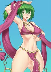 Rule 34 | 10s, 1girl, 2018, armpits, arms up, breasts, dancer, earrings, erection, fire emblem, fire emblem: genealogy of the holy war, functionally nude, futanari, green eyes, green hair, hair between eyes, jewelry, lene (fire emblem), madkaiser, medium breasts, newhalf, nintendo, open mouth, penis, shiny skin, short hair, sidelocks, solo, testicles, thighs, uncensored