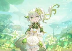 Rule 34 | 1girl, akariii ringo, bloomers, child, cross-shaped pupils, detached sleeves, dress, floating hair, genshin impact, gold bracelet, gold trim, gradient hair, grass, green eyes, green hair, green sky, green sleeves, hair between eyes, hair ornament, highres, holding, leaf hair ornament, lily pad, long hair, looking afar, looking ahead, multicolored hair, nahida (genshin impact), nature, outdoors, parted lips, pointy ears, side ponytail, sidelocks, sleeveless, sleeveless dress, solo, symbol-shaped pupils, underwear, white bloomers, white dress