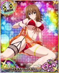 Rule 34 | 1girl, ahoge, bikini, blush, breasts, brown hair, card (medium), chess piece, cleavage, front-tie bikini top, front-tie top, hair between eyes, high school dxd, high school dxd born, large breasts, mature female, navel, official art, purple eyes, queen (chess), red bikini, smile, solo, swimsuit, tagme, thigh strap, underboob, venelana gremory