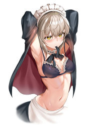 Rule 34 | 1girl, absurdres, apron, arched back, armpits, arms behind head, arms up, artoria pendragon (alter swimsuit rider) (fate), artoria pendragon (alter swimsuit rider) (second ascension) (fate), artoria pendragon (fate), bad id, bad pixiv id, bikini, bikini top only, black bikini, black bow, black jacket, black skirt, blonde hair, blush, bow, bowtie, breasts, commentary, cowboy shot, crossed bangs, fate/grand order, fate (series), frilled bikini, frilled bikini top, frills, groin, hair between eyes, harusame (user wawj5773), highres, jacket, looking at viewer, maid, maid bikini, maid headdress, medium breasts, medium hair, mouth hold, navel, neck garter, open clothes, open jacket, red jacket, simple background, skirt, solo, stomach, stretching, swimsuit, unconventional maid, v-shaped eyebrows, waist apron, white apron, white background, yellow eyes