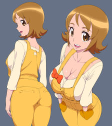 Rule 34 | 10s, 1girl, ass, breasts, brown eyes, brown hair, cleavage, grey background, happinesscharge precure!, highres, large breasts, looking at viewer, md5 mismatch, medium breasts, oomori yuuko, overalls, precure, red-p, short hair, simple background, smile, solo, wide hips