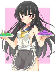 Rule 34 | 10s, 1girl, apron, bad food, black hair, blush, censored, censored food, isokaze (kancolle), kantai collection, long hair, looking at viewer, naked apron, plate, shimouki izui, simple background, solo