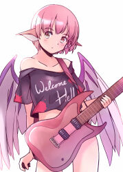 Rule 34 | 1girl, animal ears, bird ears, bird wings, black shirt, blush, closed mouth, clothes writing, cosplay, cowboy shot, electric guitar, guitar, hecatia lapislazuli, hecatia lapislazuli (cosplay), holding, holding instrument, instrument, mystia lorelei, off-shoulder shirt, off shoulder, pink hair, pink wings, rangycrow, shirt, short hair, simple background, solo, t-shirt, touhou, white background, wings, yellow eyes