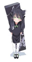 Rule 34 | 1girl, absurdres, aged down, animal ear fluff, animal ears, arms behind back, bag, black bow, black dress, black footwear, blue archive, blush, bow, chinese clothes, closed mouth, commentary, commentary request, dorontabi, dress, full body, green eyes, green ribbon, hair bow, highres, long hair, looking at viewer, mary janes, ribbon, shadow, shoes, short sleeves, shun (blue archive), shun (small) (blue archive), simple background, smile, solo, standing, thighhighs, white background, white thighhighs