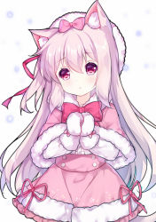Rule 34 | 1girl, animal ears, azur lane, blush, bow, bowtie, capelet, cat ears, cat girl, cat tail, center frills, closed mouth, frills, fur-trimmed capelet, fur-trimmed headwear, fur-trimmed skirt, fur trim, hair between eyes, hair bow, hat, head tilt, kisaragi (azur lane), long sleeves, looking at viewer, mittens, one side up, own hands together, pink bow, pink bowtie, pink capelet, pink hair, pink ribbon, pink skirt, purple eyes, ribbon, shirt, sidelocks, simple background, skirt, solo, tail, tengxiang lingnai, white background, white mittens, white shirt