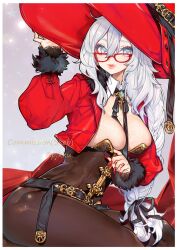Rule 34 | 1girl, artist name, belt, black belt, black ribbon, bodysuit, breasts, brown bodysuit, commentary, commission, detached collar, english commentary, eyeshadow, fur-trimmed jacket, fur trim, glasses, grey eyes, grey hair, hair ribbon, hat, highres, jacket, large breasts, long hair, looking at viewer, low-tied long hair, makeup, original, oversized hat, parted lips, pikkumyy, pink lips, red-framed eyewear, red eyeshadow, red hat, red jacket, ribbon, sitting, skeb commission, smile, solo, very long hair, witch hat