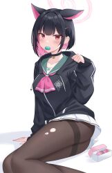 Rule 34 | 1girl, absurdres, animal ears, arm support, ass, black hair, blue archive, blunt ends, blush, box, cat ears, cat girl, choker, colored inner hair, eating, food, food in mouth, hair ornament, hairclip, highres, hood, hoodie, kazusa (blue archive), kyujuukyu, looking at viewer, lying, macaron, mouth hold, multicolored hair, neckerchief, on side, pantyhose, paw pose, pendant choker, pink hair, pleated skirt, red eyes, school uniform, serafuku, skirt, sleeves past wrists, solo, thighband pantyhose, torn clothes, torn pantyhose, two-tone hair