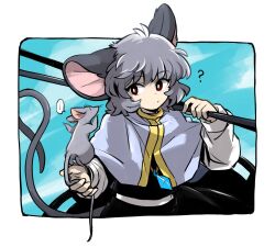 Rule 34 | 1girl, ?, animal, animal ears, animal on arm, antenna hair, capelet, closed mouth, commentary request, dowsing rod, grey hair, grey shirt, highres, holding, jewelry, long sleeves, looking to the side, mc pyth, mouse (animal), mouse ears, mouse tail, nazrin, necklace, notice lines, open mouth, red eyes, shirt, short hair, smile, solo, tail, touhou, twitter username