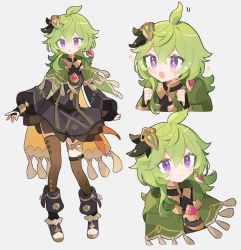 Rule 34 | 1girl, :o, ahoge, asymmetrical legwear, black footwear, blush, boots, brown socks, brown thighhighs, capelet, clenched hands, closed mouth, collei (genshin impact), crossed bangs, genshin impact, green capelet, green hair, grey background, hair between eyes, hair ornament, highres, kabe sakana, kneehighs, multiple views, open mouth, parted lips, purple eyes, simple background, single kneehigh, single sock, single thighhigh, socks, sweat, tassel, thighhighs, thighlet