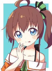 Rule 34 | 1girl, :p, ahoge, bare shoulders, blue background, blue eyes, blush stickers, brown hair, closed mouth, collarbone, commentary request, green ribbon, hair between eyes, hand up, high ponytail, highres, hololive, jacket, natsuiro matsuri, natsuiro matsuri (1st costume), neck ribbon, off-shoulder jacket, off shoulder, okota mikan, orange jacket, ribbon, side ponytail, smile, solo, tongue, tongue out, two-tone background, upper body, virtual youtuber, white background
