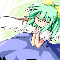 Rule 34 | 1girl, alternate wings, blue dress, blush, bow, closed eyes, daiyousei, dress, embodiment of scarlet devil, female focus, green background, green hair, hair bow, lowres, oekaki, own hands clasped, own hands together, ponytail, solo, take tonbo, touhou, wings