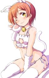 Rule 34 | 1girl, :3, animal ears, animal hands, bell, between legs, blush, bra, cat cutout, cat day, cat ears, cat lingerie, cat tail, choker, cleavage cutout, clothing cutout, frilled bra, frills, gloves, hairband, hand between legs, highres, hoshizora rin, jingle bell, looking at viewer, love live!, love live! school idol project, meme attire, midriff, neck bell, one eye closed, orange hair, panties, paw gloves, sen (sen0910), short hair, side-tie panties, sitting, solo, tail, thighhighs, underwear, white background, white bra, white choker, white panties, white thighhighs, yellow eyes